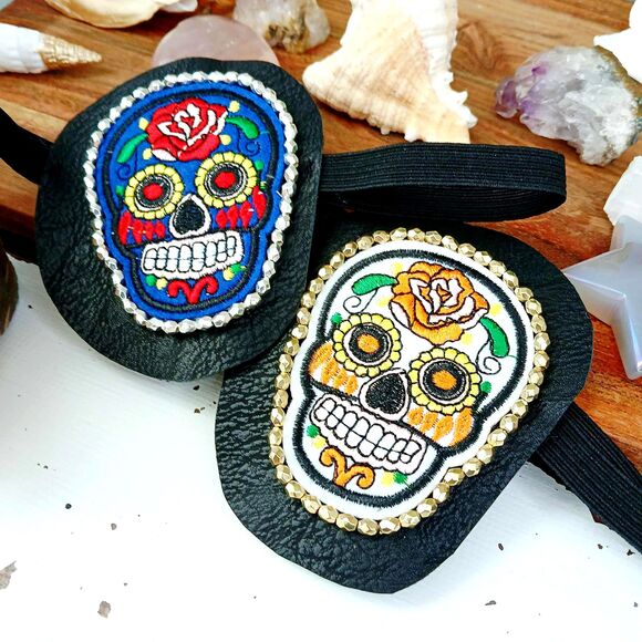 Sugar Skull Embroidered Beaded Eye Patch, Adjustable Vision Accessory Ocular Aid - Picture 3 of 6
